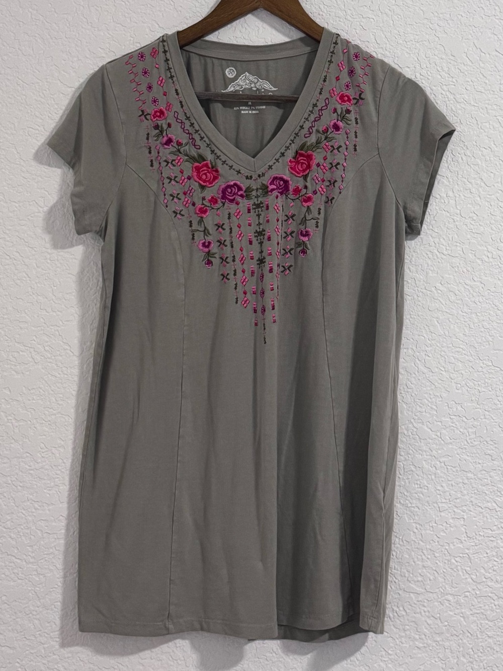 V-Neck Embroidered Floral Tunic Top - Gray with Pink Accents